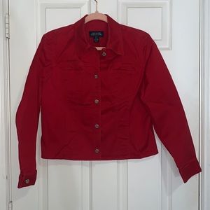 red cropped jean jacket